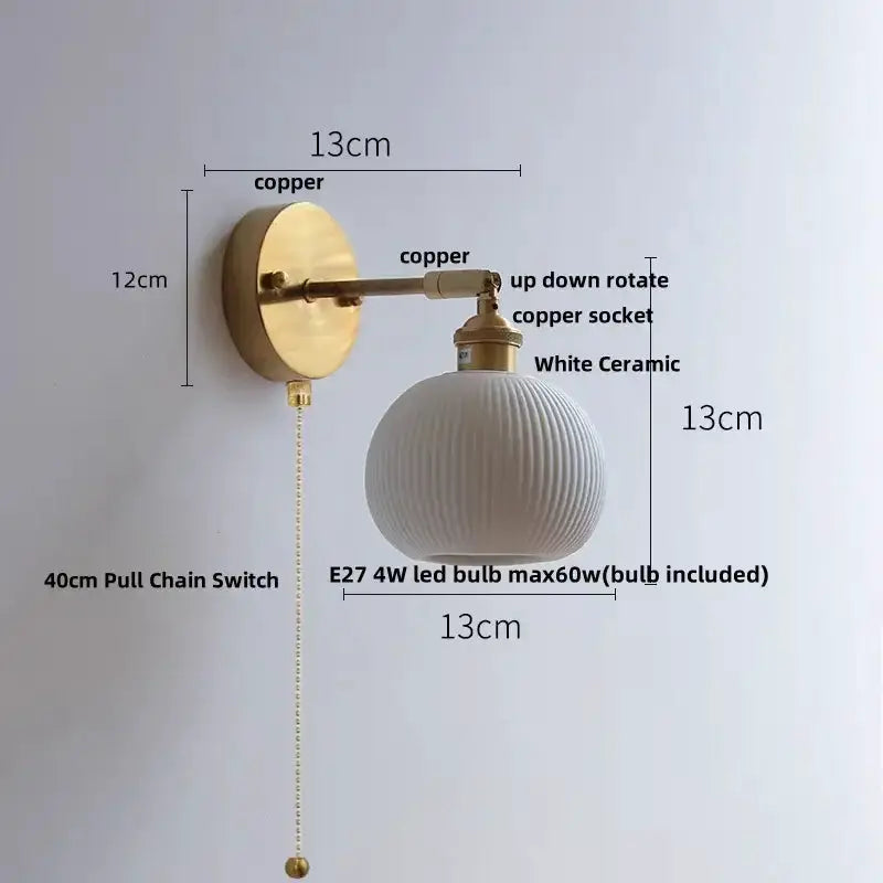 Vintage brass wall light with white ribbed ceramic shade; pull chain, E27 LED bulb included on Tampa Home & Garden Store