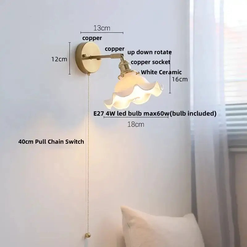 Decorbites vintage brass wall light with ruffled white glass ceramic shade, pull chain switch on Tampa Home & Garden Store