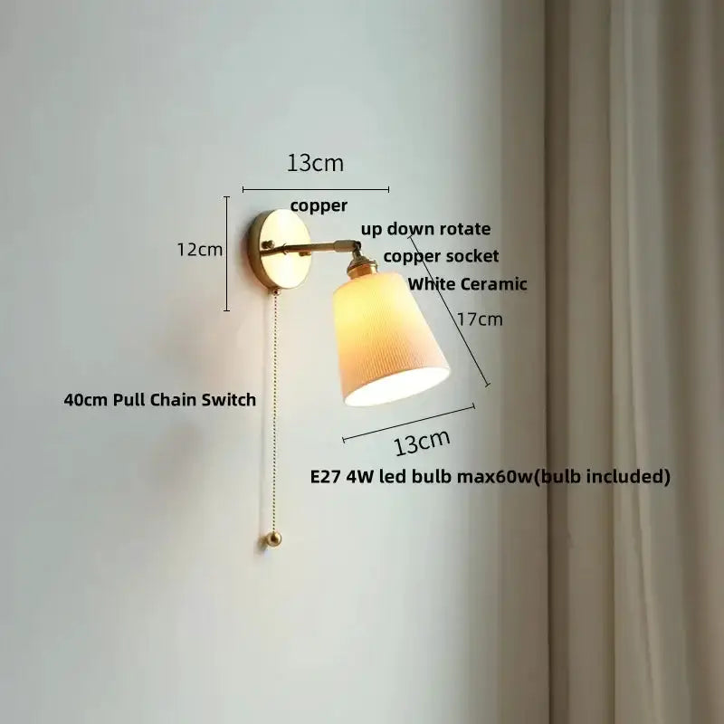 Decorbites vintage brass wall light with a ruffled white ceramic shade and pull chain E27 LED on Tampa Home & Garden Store