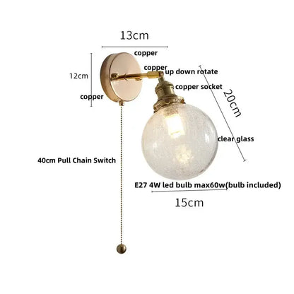 Vintage Brass Glass Wall Lamp with Pull Chain