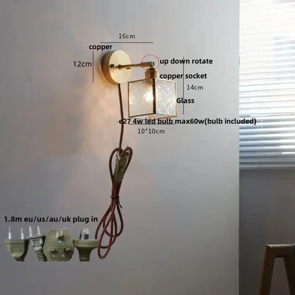 Vintage Brass Glass Wall Lamp with Pull Chain
