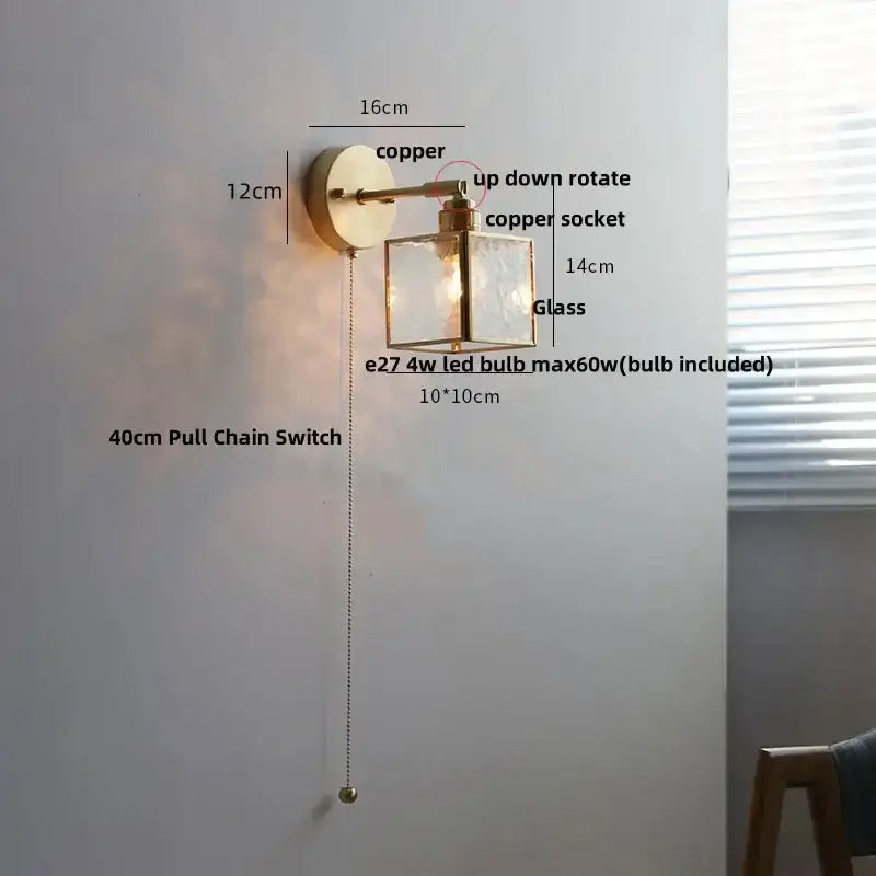 Vintage Brass Glass Wall Lamp with Pull Chain