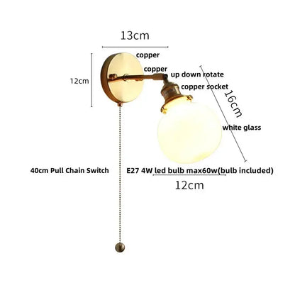 Vintage Brass Glass Wall Lamp with Pull Chain