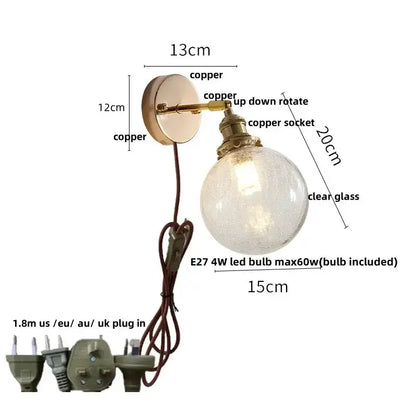 Vintage Brass Glass Wall Lamp with Pull Chain