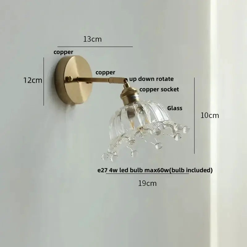 Vintage Brass Glass Wall Lamp with Pull Chain