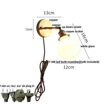 Vintage Brass Glass Wall Lamp with Pull Chain