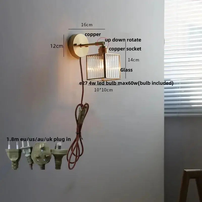 Vintage Brass Glass Wall Lamp with Pull Chain