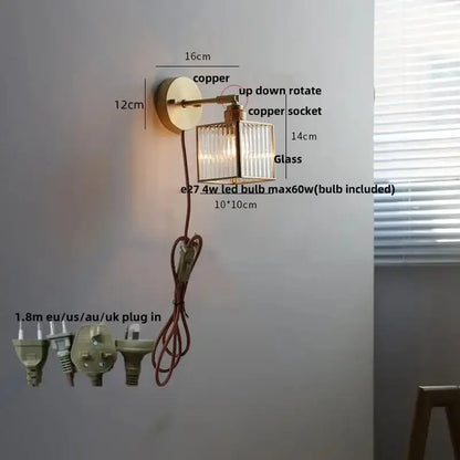 Vintage Brass Glass Wall Lamp with Pull Chain