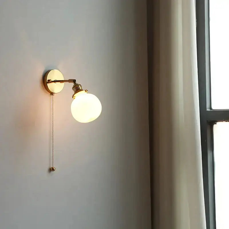Vintage Brass Glass Wall Lamp with Pull Chain