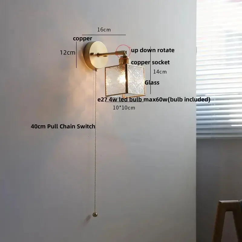 Vintage Brass Glass Wall Lamp with Pull Chain