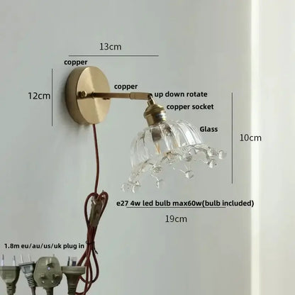 Vintage Brass Glass Wall Lamp with Pull Chain