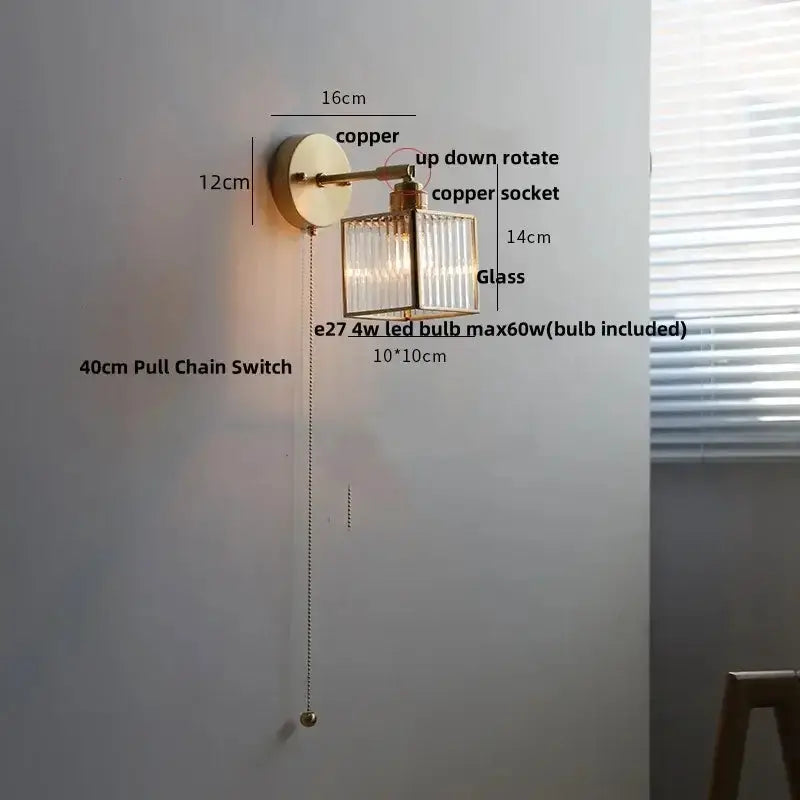 Vintage Brass Glass Wall Lamp with Pull Chain