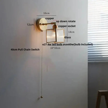 Vintage Brass Glass Wall Lamp with Pull Chain