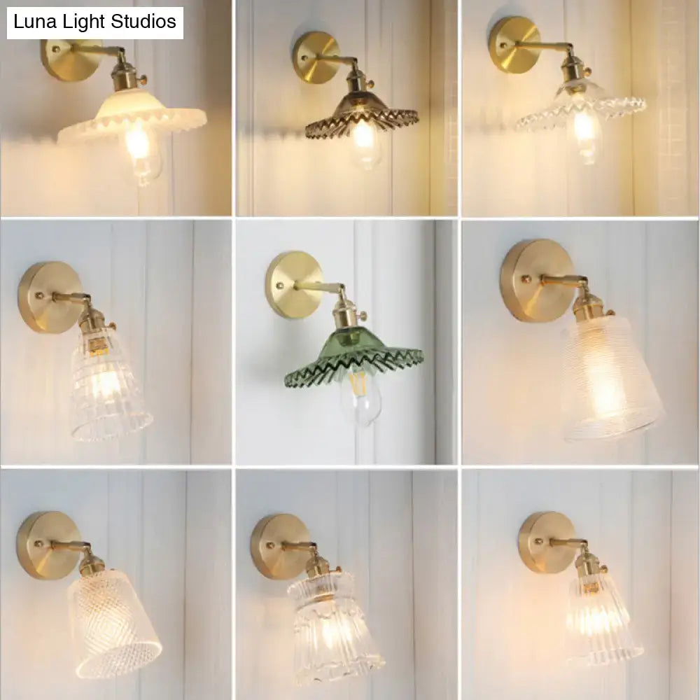 Vintage brass clear ribbed glass wall sconce, 9-piece LED bedroom wall lights by Decorbites on Tampa Home & Garden Store