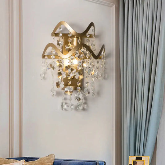 Vintage Brass LED Wall Sconce with Crystal Strand Draping and Waveform Edge - Tampa Home & Garden Store