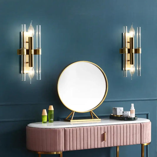 Vintage Style Metal Candle Wall Sconce with Clear Crystal Pipe - Set of 2 Bulbs in Brass Finish - Tampa Home & Garden Store