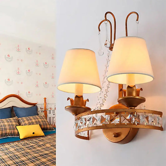 Vintage Fabric Cone Wall Lamp with Crystal Accent and Brass Finish - 2 Bulbs Included - Tampa Home & Garden Store