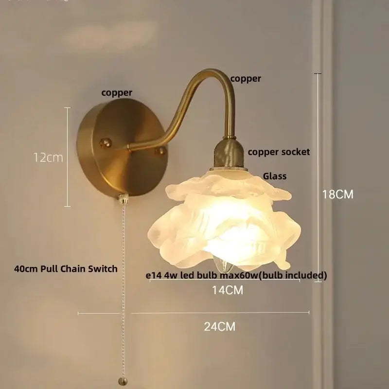 Decorbites vintage brass LED wall sconce with pull chain and floral glass shade on Tampa Home & Garden Store