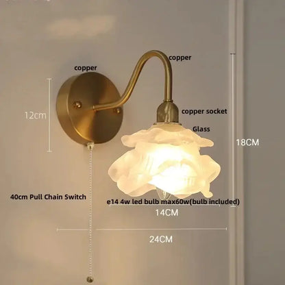 Decorbites vintage brass LED wall sconce with pull chain and floral glass shade on Tampa Home & Garden Store