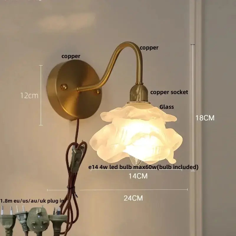 Vintage brass LED wall sconce with glass floral shade and pull chain by Decorbites on Tampa Home & Garden Store