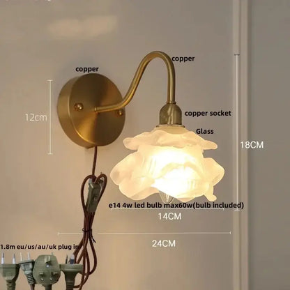 Vintage brass LED wall sconce with glass floral shade and pull chain by Decorbites on Tampa Home & Garden Store