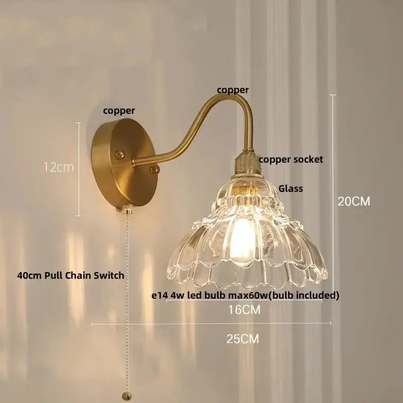 Vintage Brass Led Wall Sconce with Pull Chain