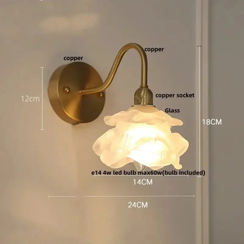 Vintage brass LED wall sconce with glass flower shade and pull chain by Decorbites vanity light on Tampa Home & Garden Store