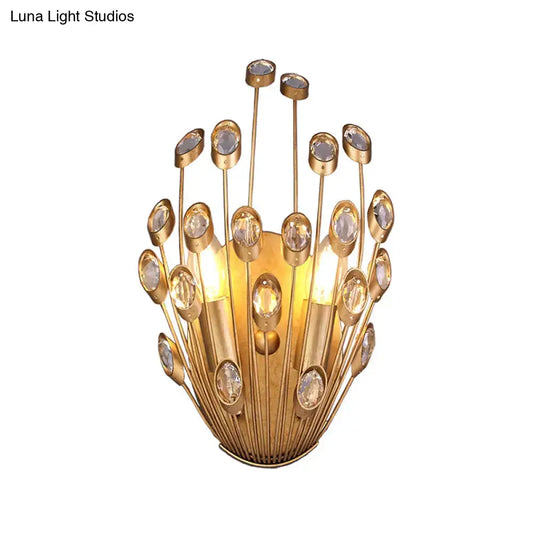 Vintage Style Crystal Wall Lamp with Peacock Tail Design - 2 Heads, Brass Finish - Tampa Home & Garden Store