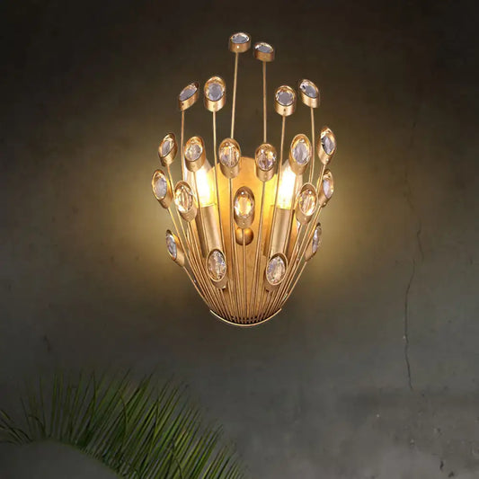Vintage Style Crystal Wall Lamp with Peacock Tail Design - 2 Heads, Brass Finish - Tampa Home & Garden Store