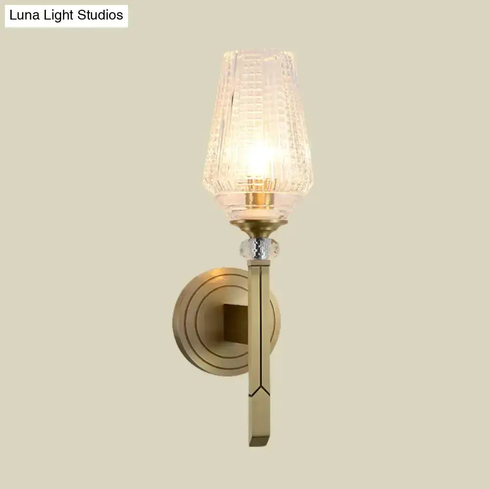 Vintage Brass Ribbed Glass Wall Light Sconce