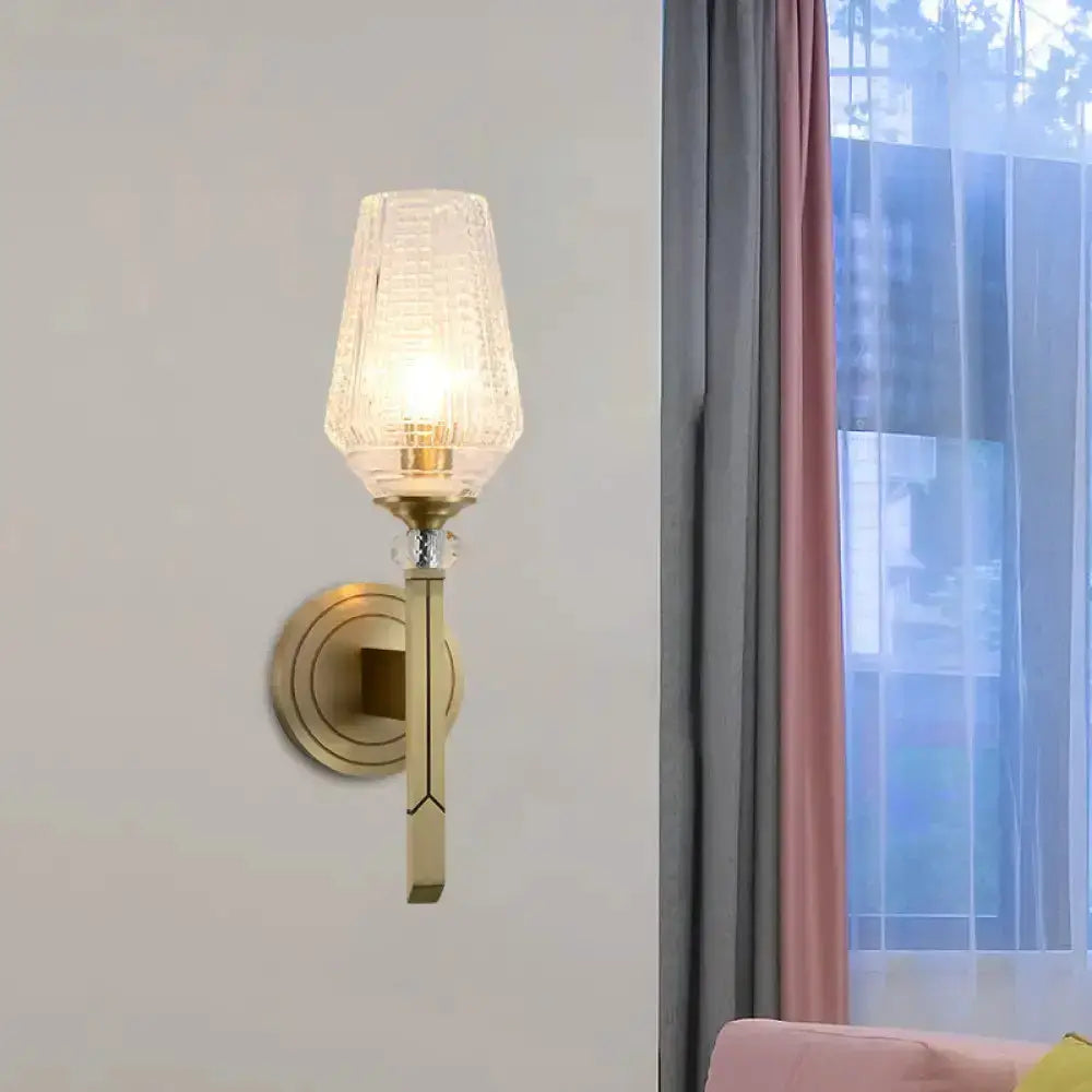 Vintage Brass Ribbed Glass Wall Light Sconce