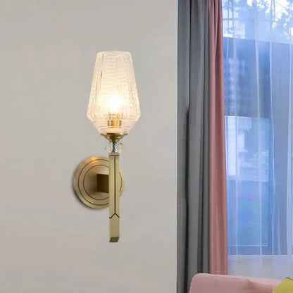 Vintage Brass Ribbed Glass Wall Light Sconce
