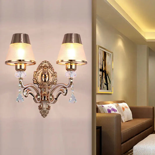 Vintage Cone Wall Lamp - Metal 2-Light Brass Sconce with Clear Glass Shade and Crystal Accent - Tampa Home & Garden Store