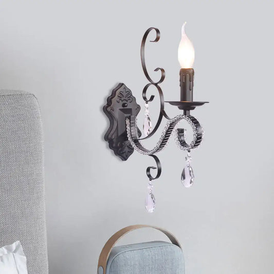 Vintage Candle Wall Lamp with Crystal Accent, Black Metal Finish - Tampa Home & Garden Store