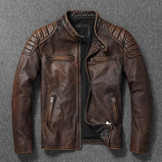 Stevvex men's brown leather motorcycle jacket with zip pockets on Tampa Home & Garden Store