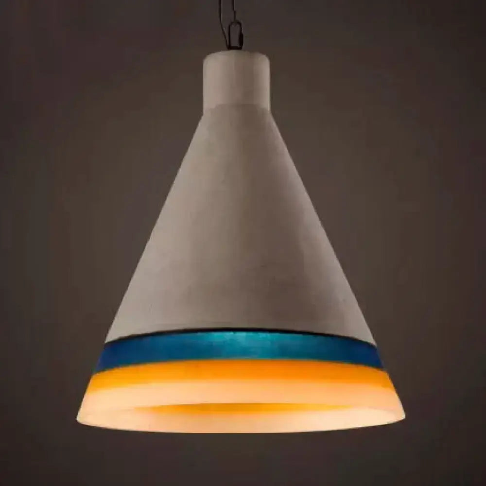 Decorbites pendant light conical shade, vintage dark and light blue bands, warm amber glow on Tampa Home & Garden Store