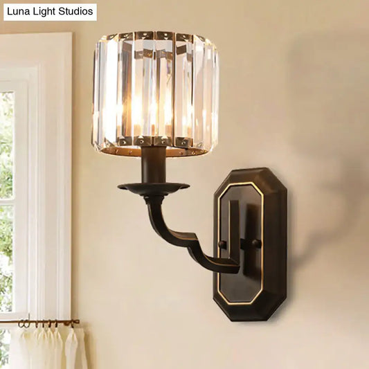 Vintage Metallic Wall Lamp with Clear Crystal Facets - Cylindrical 1-Head Black Fixture - Tampa Home & Garden Store