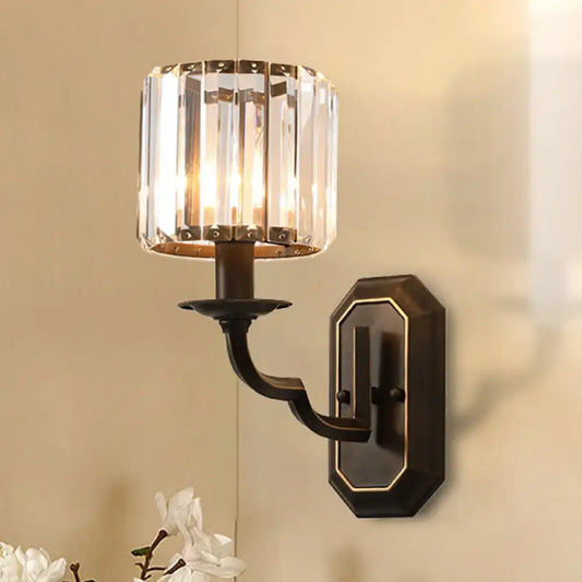 Vintage Metallic Wall Lamp with Clear Crystal Facets - Cylindrical 1-Head Black Fixture - Tampa Home & Garden Store