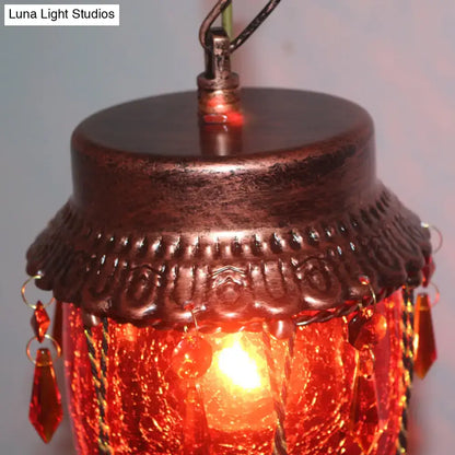Emerald green glass pendant light with amber bead fringe and bronze top Decorbites on Tampa Home & Garden Store