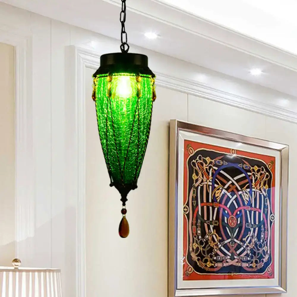 Pendant light emerald green glass with amber beads, chain-hung, Decorbites dining fixture on Tampa Home & Garden Store