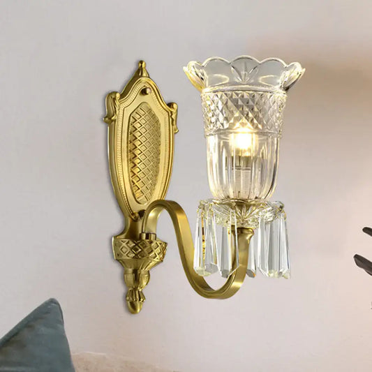 Vintage Floral Wall Light with Clear Crystal Glass Shade in Gold - 1 Light, Wall Mounted Lamp - Tampa Home & Garden Store