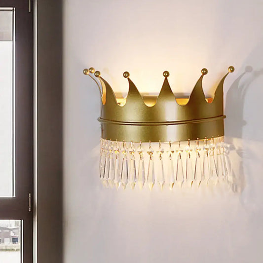 Vintage Golden Crown Wall Sconce - Stylish 2-Light Metal Wall Lamp with Clear Crystal Details - Tampa Home & Garden Store