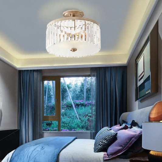Vintage Crystal Block Ceiling Light with Clear Crystal Design - 3 Lights, Semi Flush Mount for Bedroom Drum Styling - Tampa Home & Garden Store