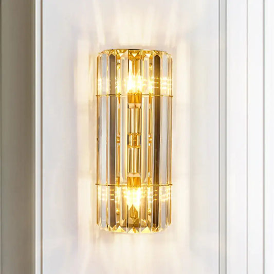 Vintage Style Cylindrical Crystal Sconce Lighting - Wall Mounted Lamp for Hallway - Golden Finish - 2/3-Heads - Tampa Home & Garden Store