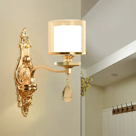 Vintage Gold Finish Cylinder Sconce Light: Metal Wall Fixture with Double Glass Shade and Crystal Décor - Tampa Home & Garden Store