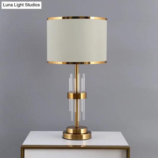 Vintage Drum Fabric Nightstand Lamp - Single-Bulb Table Lighting for Study Room with Crystal Rod - White - Tampa Home & Garden Store