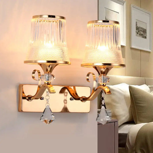 Vintage Bell Sconce Light Fixture – Clear Glass, Gold Finish, Crystal Accent, 2 Lights – Bedroom Wall Lamp - Tampa Home & Garden Store