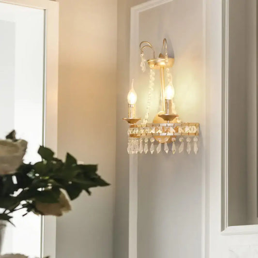 Vintage Gold Wall Lamp with Crystal Accent - Metallic Exposed 2-Light Fixture for Hallway - Tampa Home & Garden Store