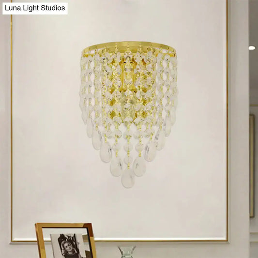 Vintage Metal Tapered Wall Mount Light Sconce with Clear Crystal Draping - 10"/15" W - 1 Bulb - Elegant Golden Finish - Tampa Home & Garden Store
