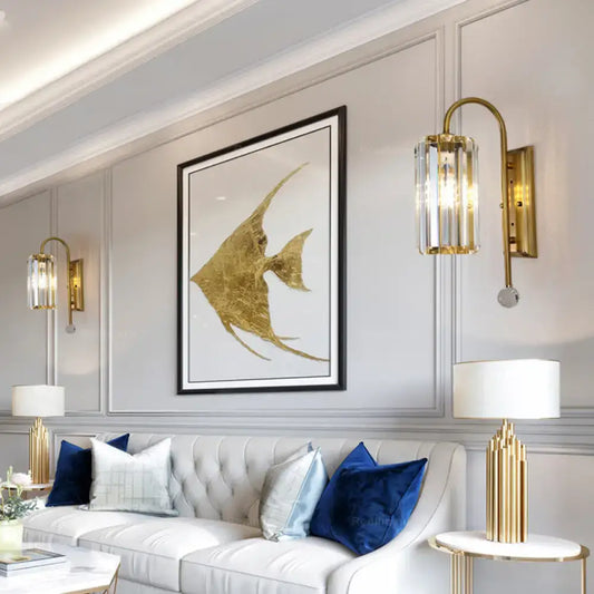 Vintage Gold Metal Gooseneck Wall Light with Clear Crystal Shade - Cylindrical 1/2-Bulb Wall Sconce - Tampa Home & Garden Store